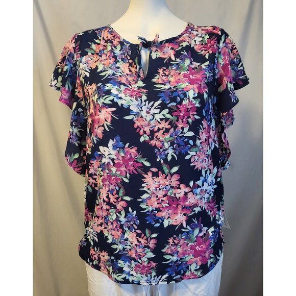 Counterparts Sz Small Floral Flutter Sleeve Short Sleeve Navy Blue & Pink, NWOT - Picture 1 of 7
